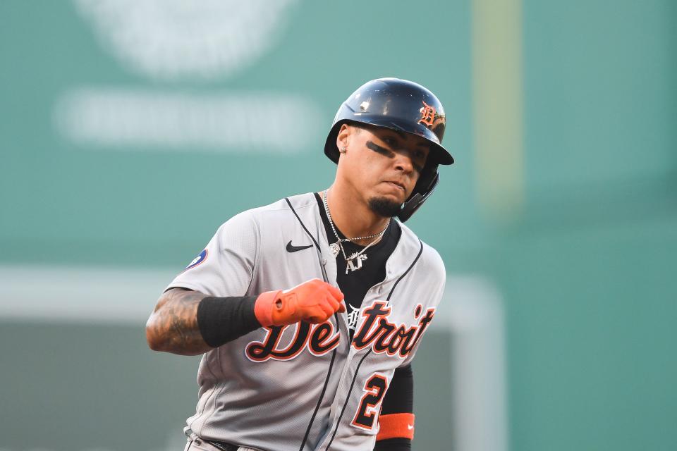 Javier Baez of the Detroit Tigers fist-pumps after hitting a two-run home run in the first inning against the Boston Red Sox at Fenway Park in Boston on Wednesday, June 22, 2022.