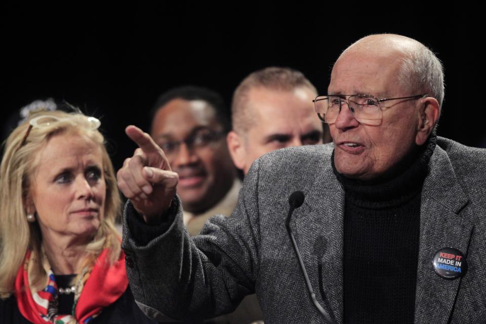 FILE - In this Nov. 6, 2012 file photo, Rep. John Dingell, D-Mich., addresses supporters during the Michigan Democratic election night party at the MGM Grand Detroit. Dingell, the longest-serving member of Congress in American history who mastered legislative deal-making and was fiercely protective of Detroit's auto industry, has died at age 92. Dingell, who served in the U.S. House for 59 years before retiring in 2014, died Thursday, Feb. 7, 2019, at his home in Dearborn, said his wife, Congresswoman Debbie Dingell. (AP Photo/Carlos Osorio, File)