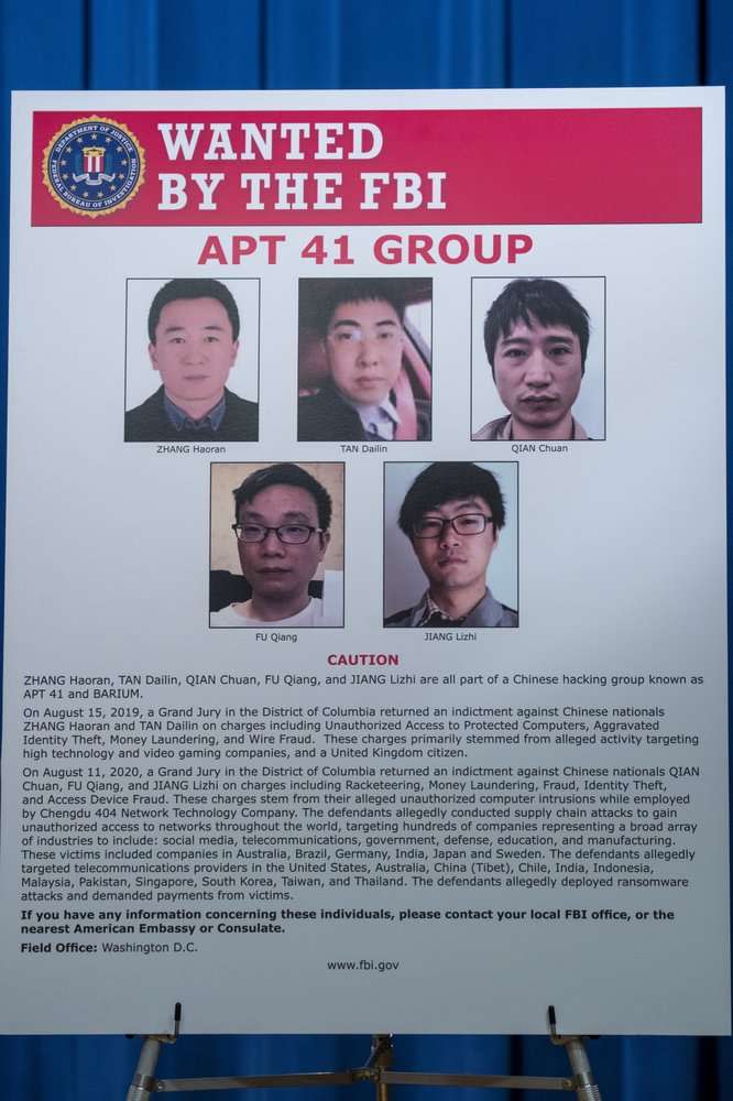 美國司法部16日公布起訴5名中國駭客，並指控他們攻擊了美國、台灣等地100多家公司和機構。（AP）