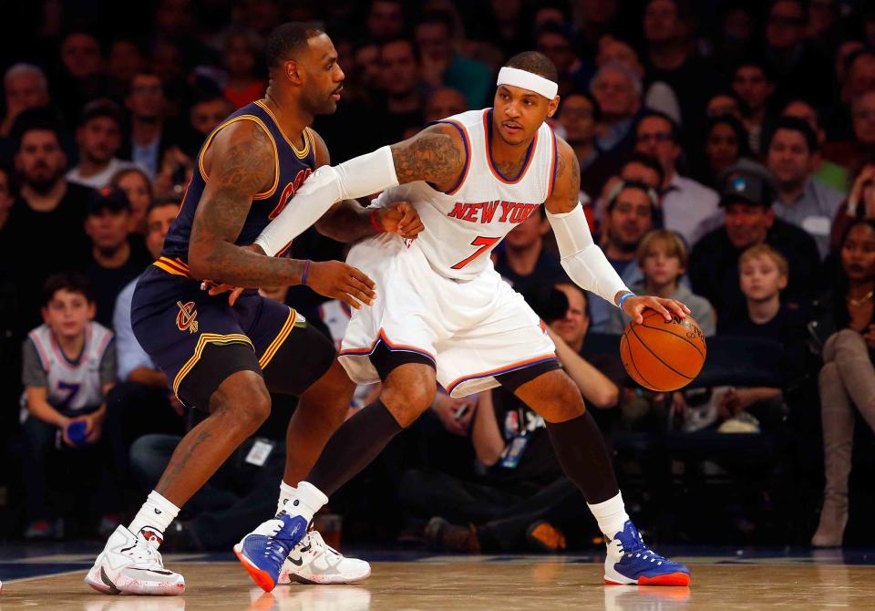 (Photo by Jim McIsaac/Getty Images) NEW YORK, NY - NOVEMBER 13: (NEW YORK DAILIES OUT) Carmelo Anthony #7 of the New York Knicks in action against LeBron James #23 of the Cleveland Cavaliers at Madison Square Garden on November 13, 2015 in New York City. The Cavaliers defeated the Knicks 90-84.