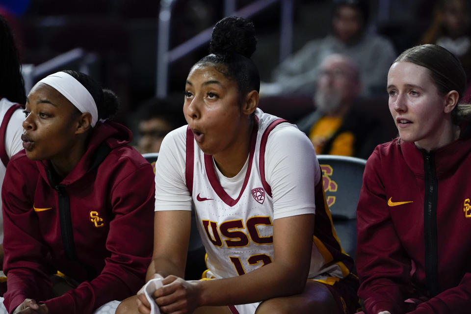 Southern California guard JuJu Watkins reacts from the bench during the first half of an NCAA college basketball game against Cal Poly, Tuesday, Nov. 28, 2023, in Los Angeles. (AP Photo/Ryan Sun)
