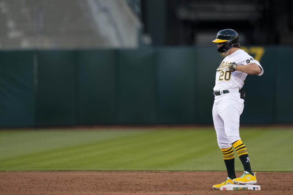 Oakland Athletics' Zack Gelof reacts after hitting an RBI double against the Minnesota Twins during the third inning of a baseball game Friday, July 14, 2023, in Oakland, Calif. (AP Photo/Godofredo A. Vásquez)