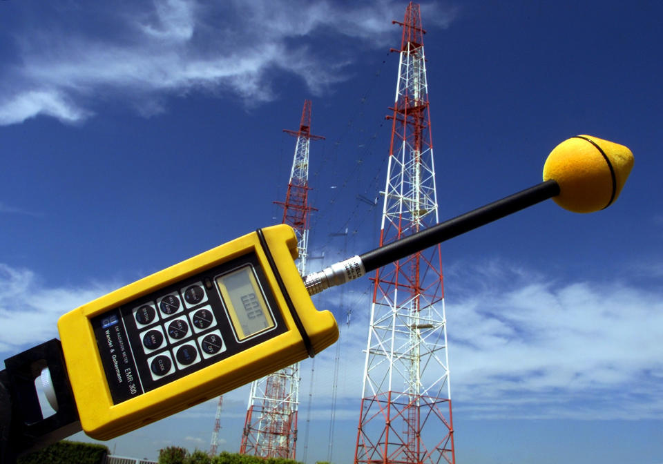 A measuring device for low frequency waves showed in front of Vatican Radio broadcasters antennae in Cesano 25 km north of Rome April 26, 2001. The Vatican today opened the area to the press to illustrate their progress in diminishing the electral magnetic emissions. A study by a local health agency concluded that more children living near the trasmission area had contracted leukaemia than in other parts of the Italian capital.