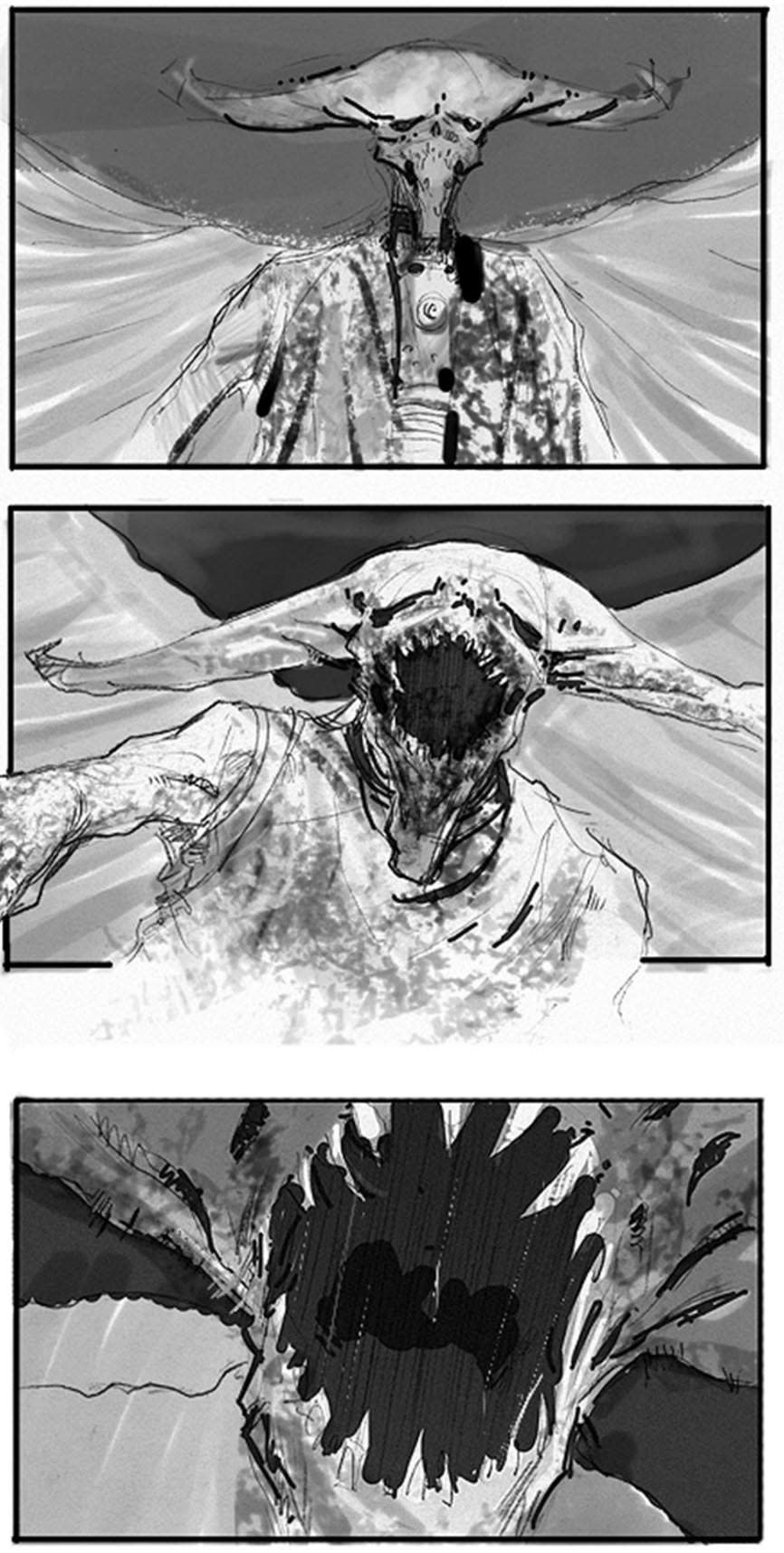 The monster Azreal seen in storyboard frames for a live action demo of "Totem."