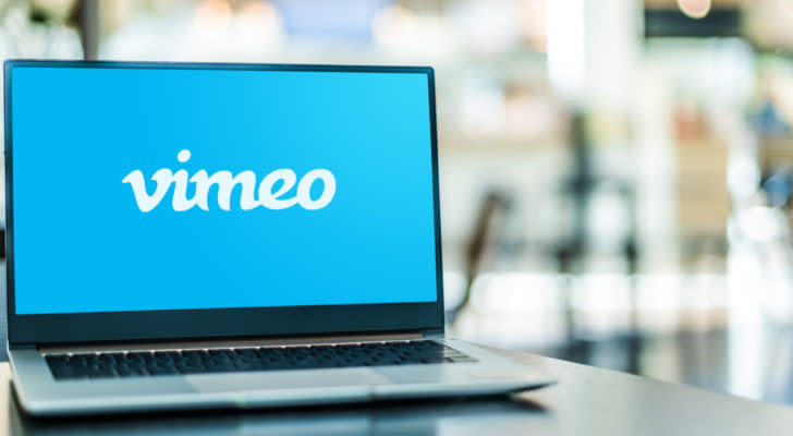 VMEO stock: A laptop on a desk displaying the Vimeo logo