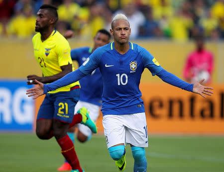 Football Soccer - Ecuador v Brazil - World Cup 2018 Qualifier - Olimpico Atahualpa Stadium, Quito, Ecuador - 01/09/16. Neymar (10) of Brazil celebrates after scoring a penalty goal against Ecuador. REUTERS/Guillermo Granja