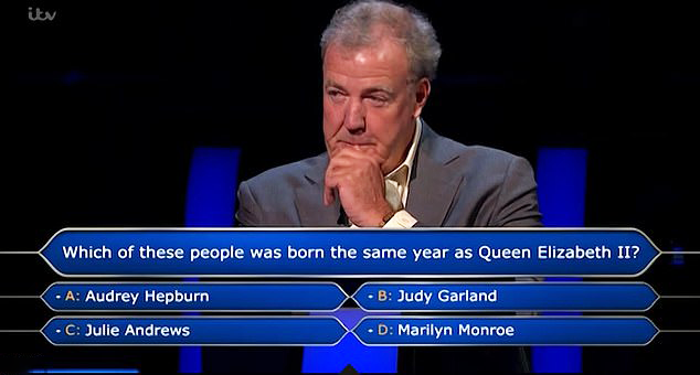 Jeremy Clarkson on Who Wants to Be a Millionaire on Queen Elizabeth Marilyn Monroe question.