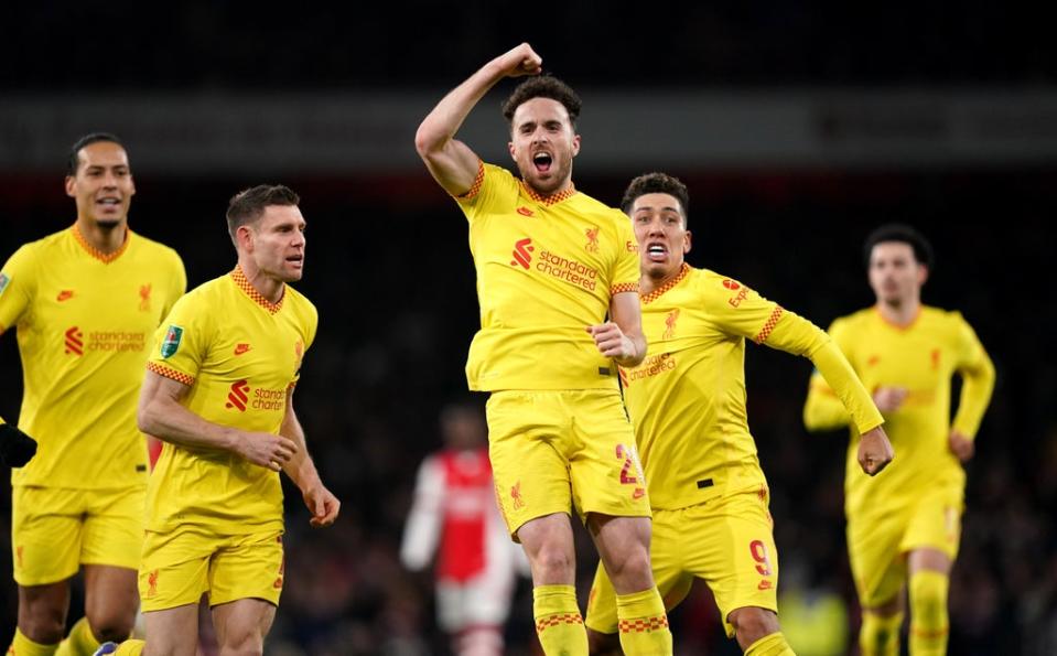 Diogo Jota (centre) hit a brace to send Liverpool into the Carabao Cup final (Adam Davy/PA) (PA Wire)