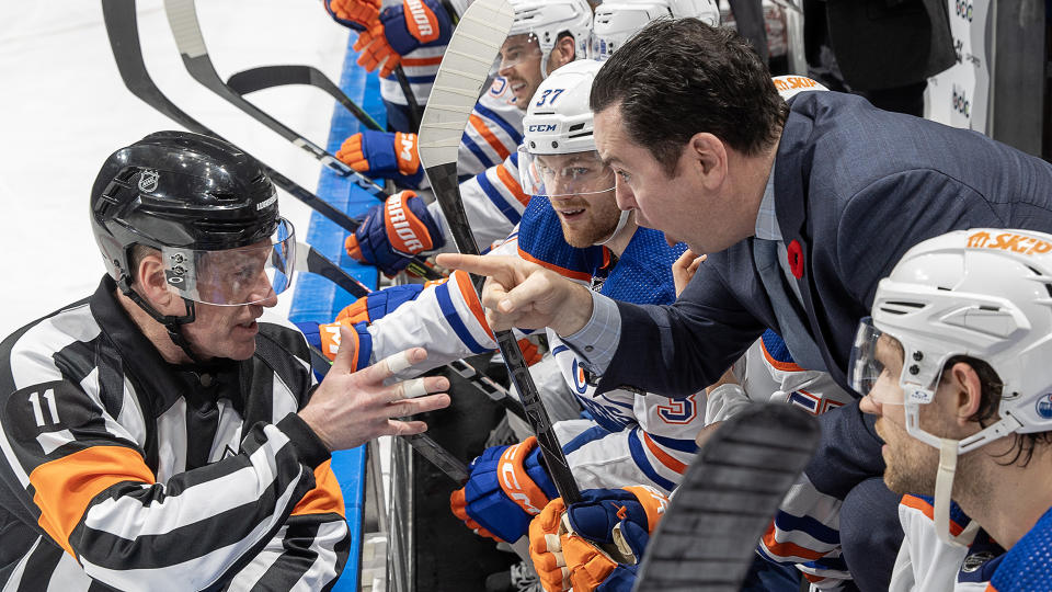 Jay Woodcroft and the Oilers are off to a terrible start to 2023-24. (Photo by Jeff Vinnick/NHLI via Getty Images)