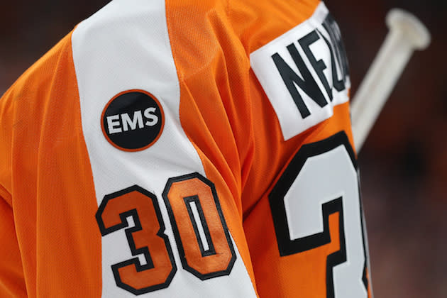 PHILADELPHIA, PA - APRIL 20: The initials 'EMS' are seen as a patch on Michal Neuvirth #30 of the Philadelphia Flyers for the late Philadelphia Flyers owner Ed Snider, during the first period of Game Four of the Eastern Conference Quarterfinals during the 2015 NHL Stanley Cup Playoffs at Wells Fargo Center on April 20, 2016 in Philadelphia, Pennsylvania. (Photo by Patrick Smith/Getty Images)