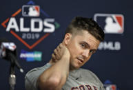 Houston Astros starting pitcher Zack Greinke answers a question during a news conference Sunday, Oct. 6, 2019, in St. Petersburg, Fla. The Astros take on the Tampa Bay Rays in Game 3 of a baseball American League Division Series on Monday. (AP Photo/Chris O'Meara)