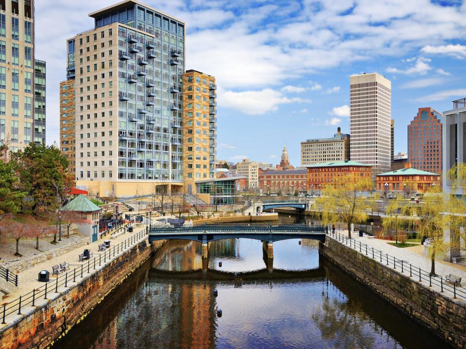 A view of providence Rhode Island with colorful buildings and river