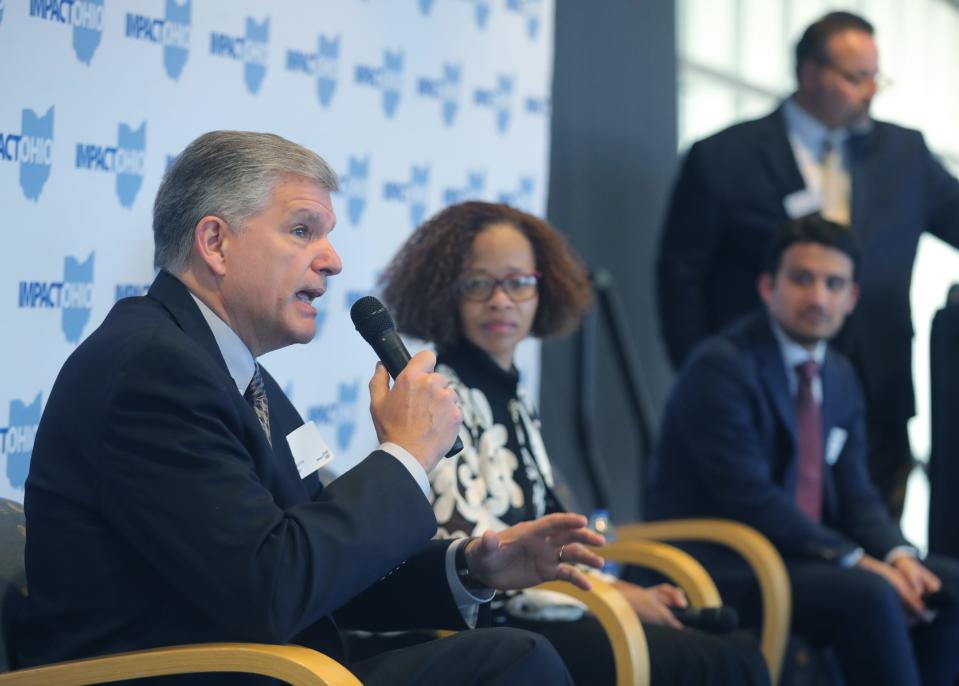 Mayoral candidate Jeff Wilhite answers a question during a forum hosted by Impact Ohio and the Greater Akron Chamber on Friday at the University of Akron's InfoCision Stadium.