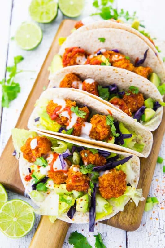 <p>Vegan Heaven</p><p>These vegan cauliflower tacos with vegan yogurt garlic sauce are the perfect comfort food! They’re super crispy, easy to make and sooo delicious!</p><p><strong>Get the recipe: <a href="https://veganheaven.org/recipe/vegan-cauliflower-tacos/" rel="nofollow noopener" target="_blank" data-ylk="slk:Vegan Cauliflower Tacos;elm:context_link;itc:0;sec:content-canvas" class="link rapid-noclick-resp"><em>Vegan Cauliflower Tacos</em></a></strong></p>