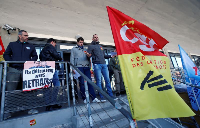 French SNCF workers gather and vote at a railway station as the strike to protest against French government's pensions reform plans continues, in Marseille