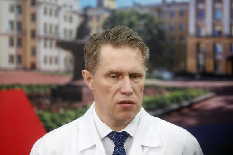 FILE PHOTO: Russian Minister of Health Murashko speaks during a demonstration prior to the opening of a new section for treatment of patients affected by the coronavirus disease at a hospital in Moscow