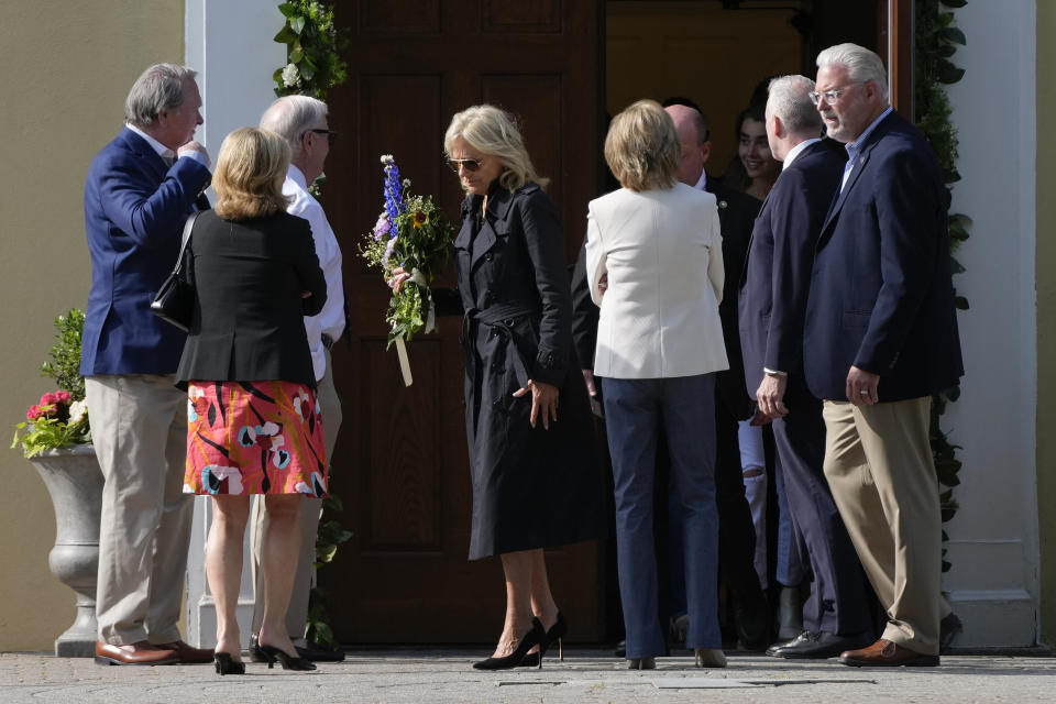 First lady Jill Biden, center, walks to the grave of President Joe Biden's late son, Beau Biden, as she and members of the Biden family depart a memorial mass at St. Joseph on the Brandywine Catholic Church in Wilmington, Del., Tuesday, May 30, 2023. Beau Biden died of brain cancer at age 46 in 2015. (AP Photo/Patrick Semansky)