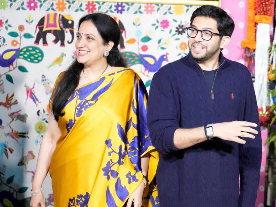 Rashmi Thackeray, the wife of former Maharashtra Chief Minister Uddhav Thackeray, poses with her son, Aaditya Thackeray.