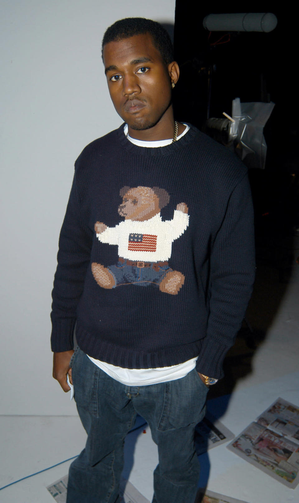 Kanye West wears a Polo Bear sweater.