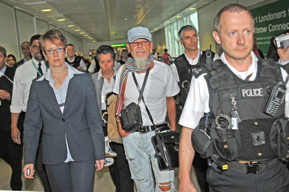 Glitter arrives at Heathrow: Gary Glitter arrives at Heathrow Airport in 2008 after being forced to turn back attempting to enter Thailand. (Photo: Dennis Stone/REX) (Dennis Stone/REX)