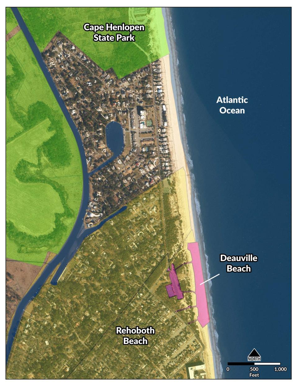 Purple shading shows Deauville Beach, north of Rehoboth Beach and south of North Shores and Cape Henlopen State Park.