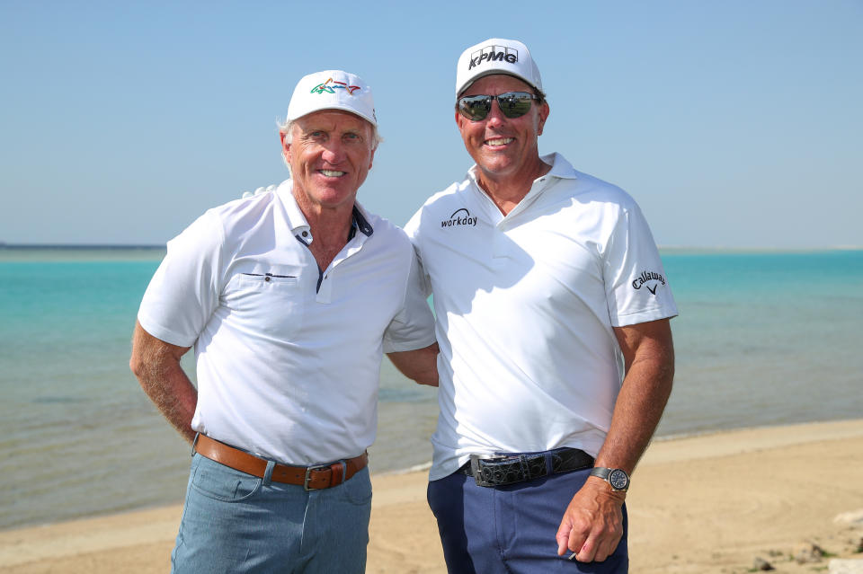 Phil Mickelson (pictured right) and Greg Norman (pictured left), CEO of Liv Golf Investments, interact during a practice round prior to the PIF Saudi International.