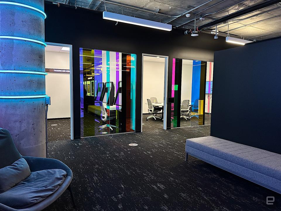 An interior shot of TikTok's Transparency and Accountability Center, a windowless office with rooms dedicated to the app's algorithm and content moderation systems.