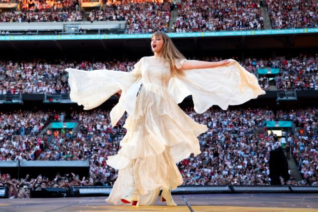 Taylor Swift performs on stage during "Taylor Swift | The Eras Tour" at Wembley Stadium on June 22, 2024 in London, England.  - Credit: Kevin Mazur/Getty Images for TAS Rights Management