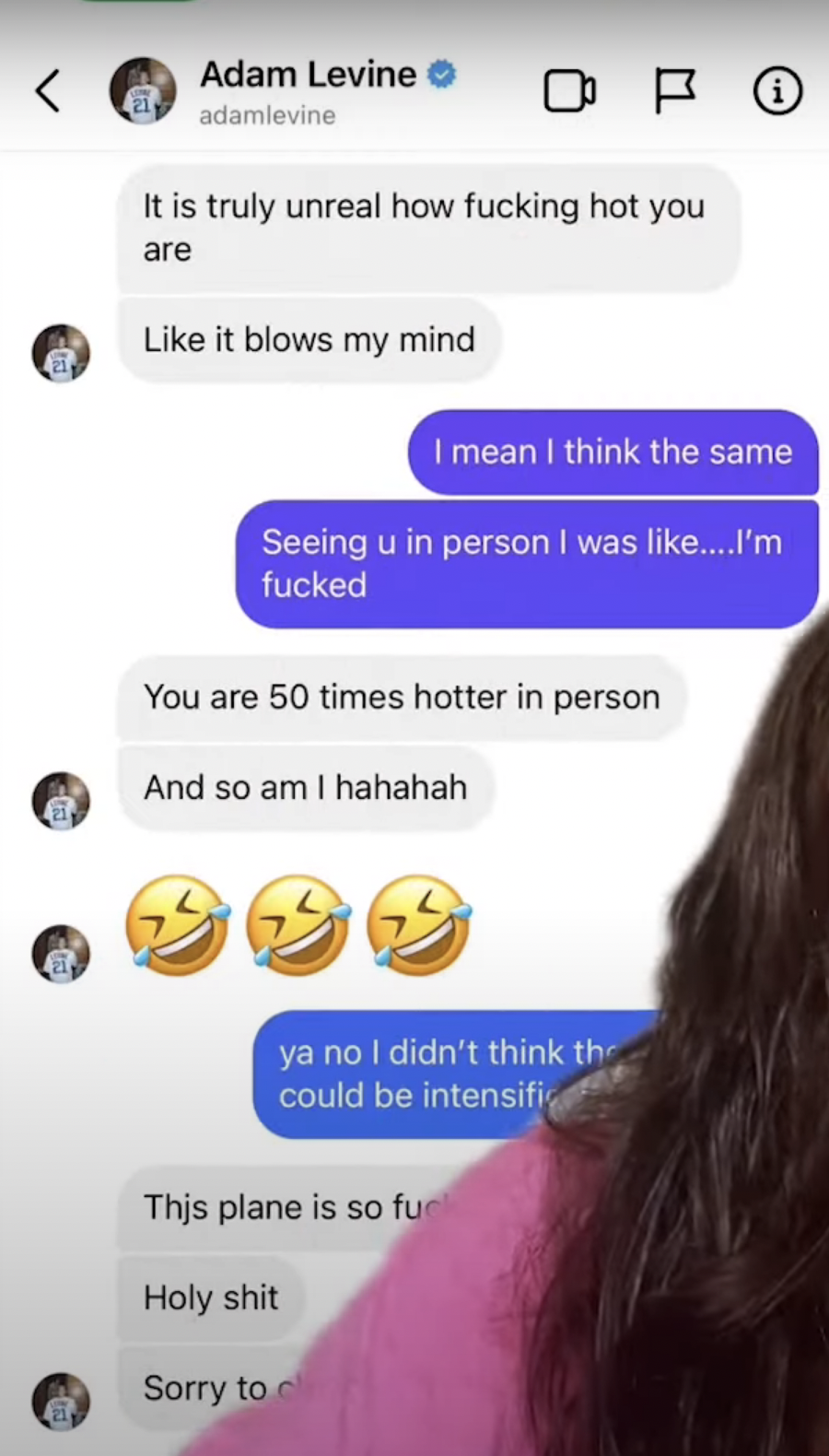 Sumner's TikTok shows a DM conversation with Adam Levine in which he tells Sumner "It's truly unreal how fucking hot you are" and that she's 50 times hotter in person