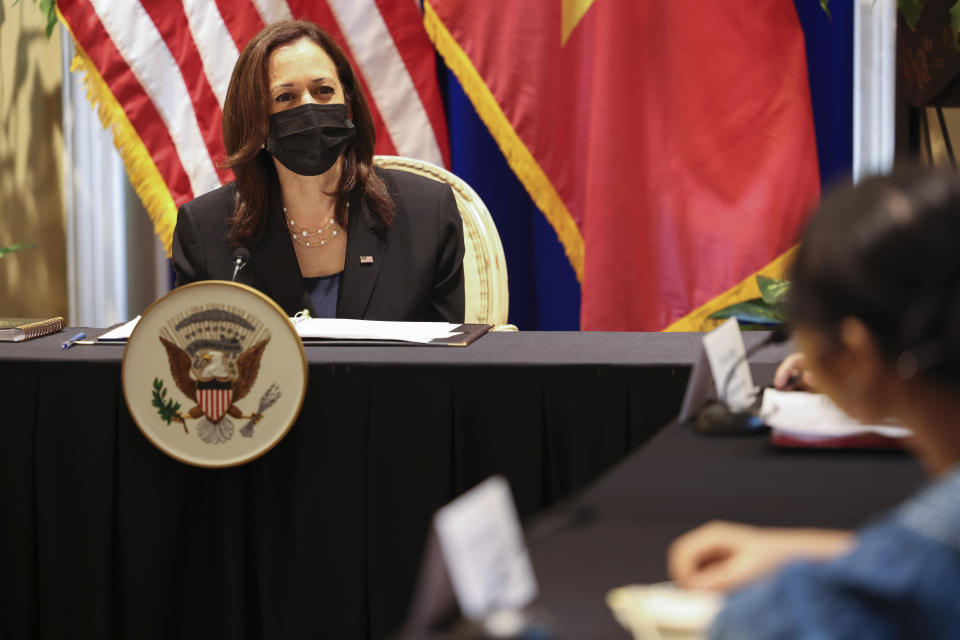 U.S. Vice President Kamala Harris meets with activists who work on LGBT, transgender, disability rights and climate change at the U.S. Chief of Mission's residence in Hanoi, Vietnam, Thursday, Aug. 26, 2021. (Evelyn Hockstein/Pool Photo via AP)