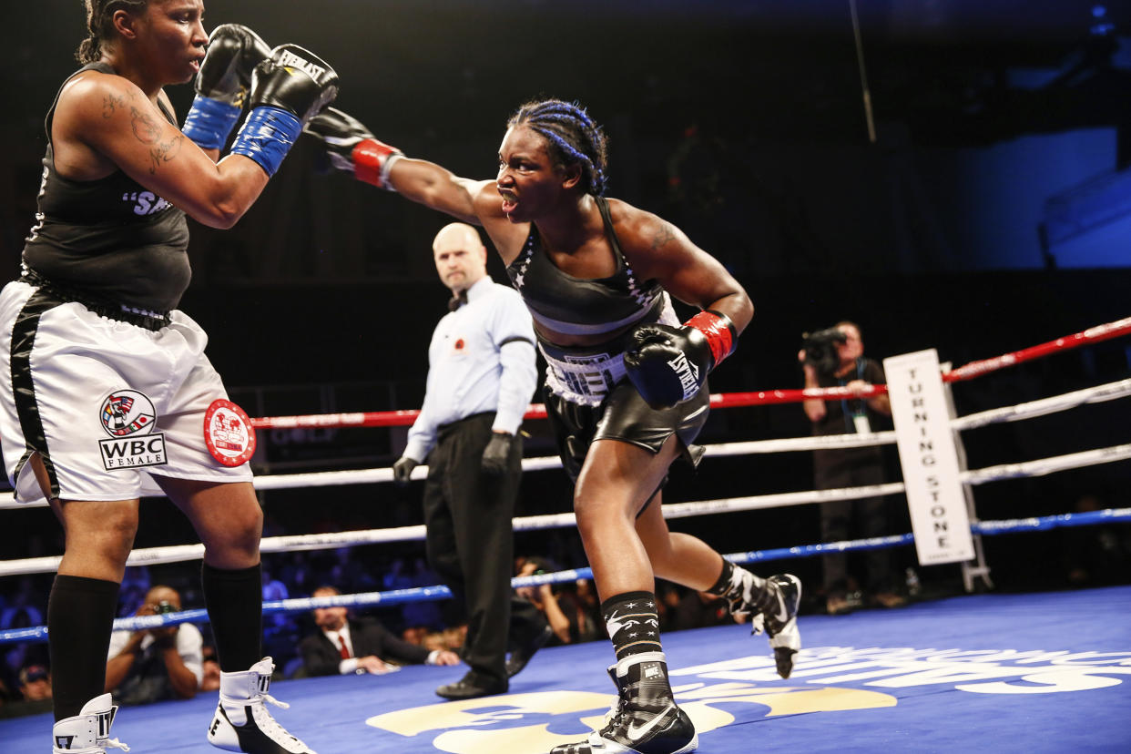 Claressa Shields throws a right at Tori Nelson during a fight in January. (Stephanie Trapp/Showtime via AP)