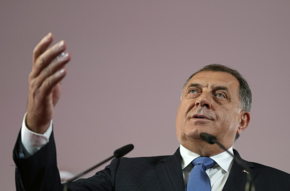 Bosnian Serb leader Milorad Dodik speaks during a news conference after claiming victory in a general election in the Bosnian town of Banja Luka, 240 kms northwest of Sarajevo, Monday, Oct. 3, 2022. Polls have closed Sunday in Bosnia's general election in which voters chose their new leaders from among the long-established cast of sectarian candidates and their challengers who pledged to eradicate, if elected, corruption and clientelism in government. (AP Photo/Darko Vojinovic)