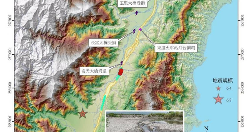 台東池上發生規模6.8強震，經濟部中央地質調查所表示，因部分地表破裂與災情發生在池上斷層沿線，初判地震與其有關。(圖／中央地調所提供)