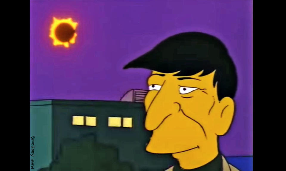 A still from a 1993 episode of the long-running TV show, "The Simpsons" that featured a total solar eclipse and the voice of Leonard Nimoy. <cite>Fox</cite>