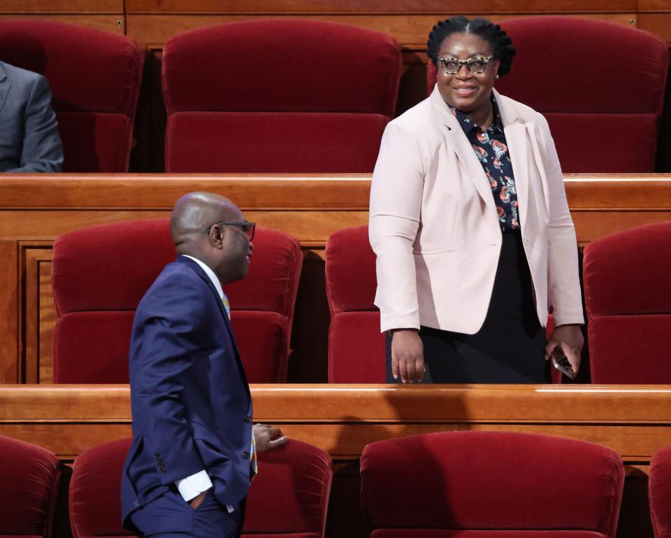 Sister Tracy Y. Browning, second counselor in the Primary General Presidency, greets Elder Isaac K. Morrison of the Seventy prior to the 193rd Semiannual General Conference of The Church of Jesus Christ of Latter-day Saints at the Conference Center in Salt Lake City on Sunday, Oct. 1, 2023. | Jeffrey D. Allred, Deseret News