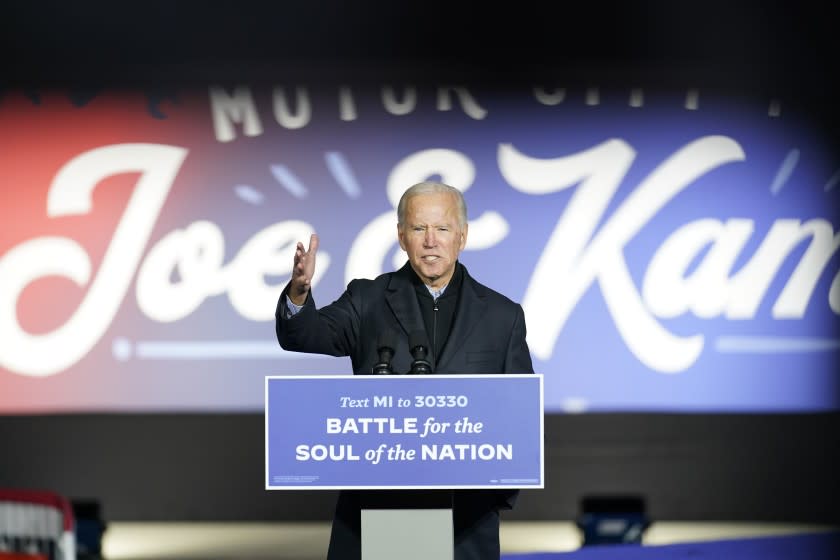 Democratic presidential candidate former Vice President Joe Biden speaks at a rally at Belle Isle Casino in Detroit, Mich., Saturday, Oct. 31, 2020, which former President Barack Obama also attended. (AP Photo/Andrew Harnik)