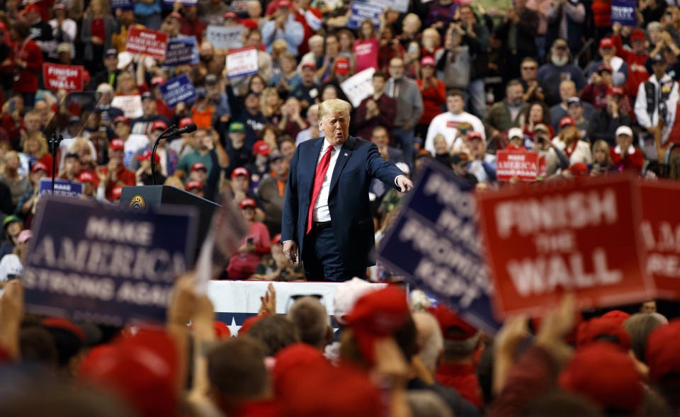 President Donald Trump arrives to speak at a campaign rally at the IX Center, in Cleveland, Monday, Nov. 5, 2018, (AP Photo/Carolyn Kaster)