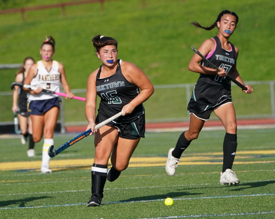Yorktown's Katie Taormina (15) works the ball during their 1-0 win over Panas in field hockey action at Walter Panas High School in Cortlandt on Thursday, September 21, 2023.