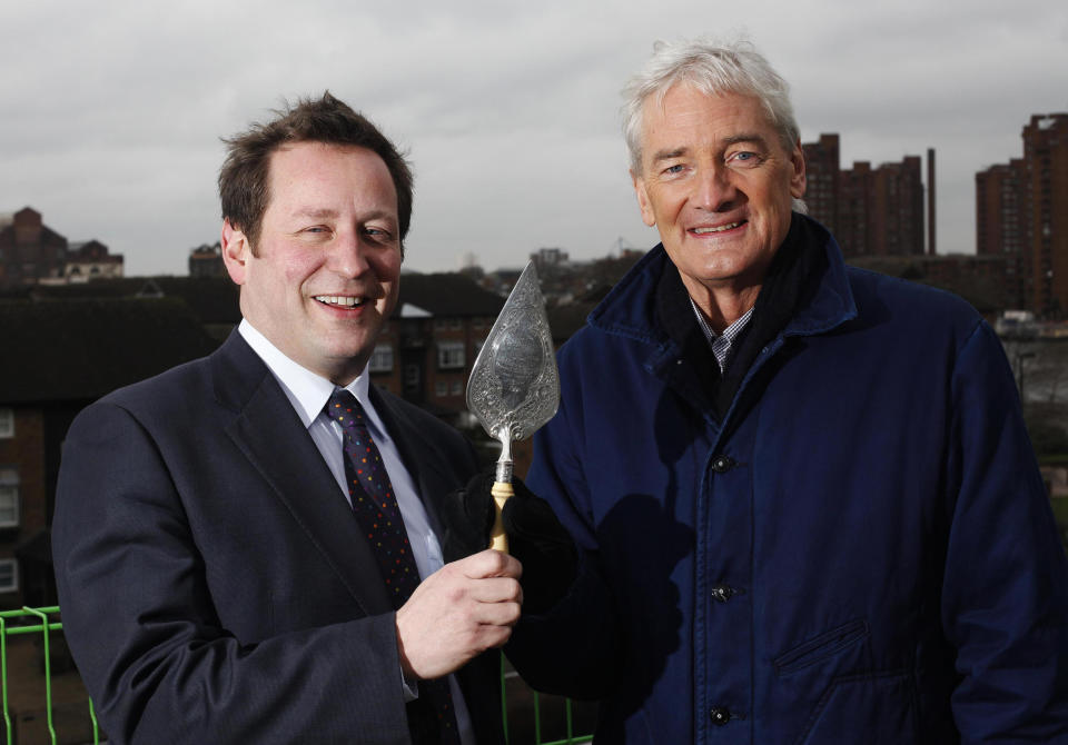 James Dyson and Ed Vaizey MP, Minister with responsibility for Communication, Culture and the Creative Industries, at the top of the Royal College of Arts new building in Battersea for the topping out ceremony.