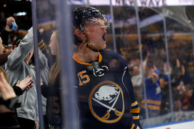 BUFFALO, NY – MARCH 2: Jack Eichel #15 of the Buffalo Sabres celebrates after scoring on the Arizona Coyotes during the second period at the KeyBank Center on March 2, 2017 in Buffalo, New York. (Photo by Kevin Hoffman/Getty Images)