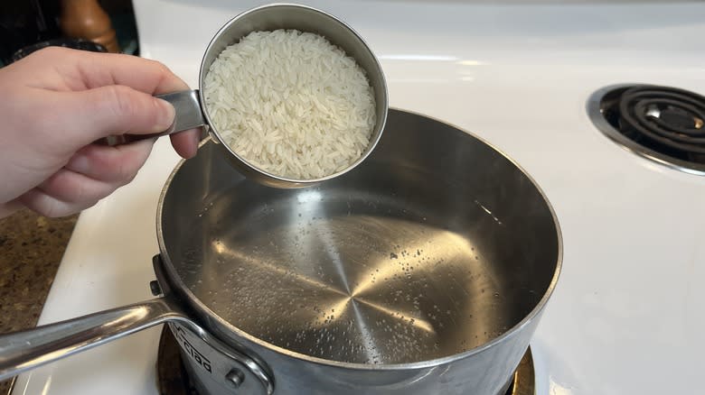 hand pouring rice in pot of water