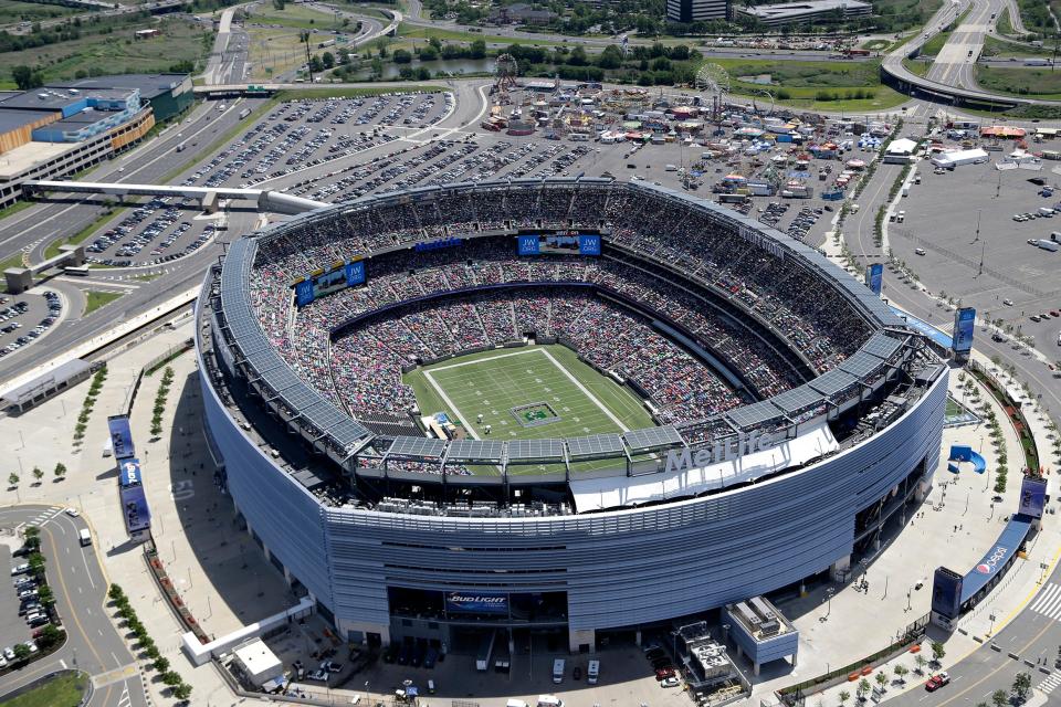 An aerial view showing MetLife Stadium in East Rutherford.