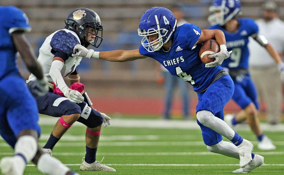 Lake View's Brandon Cruz, right, rushes the ball during a game against Fabens at San Angelo Stadium on Friday, Oct. 1, 2021.