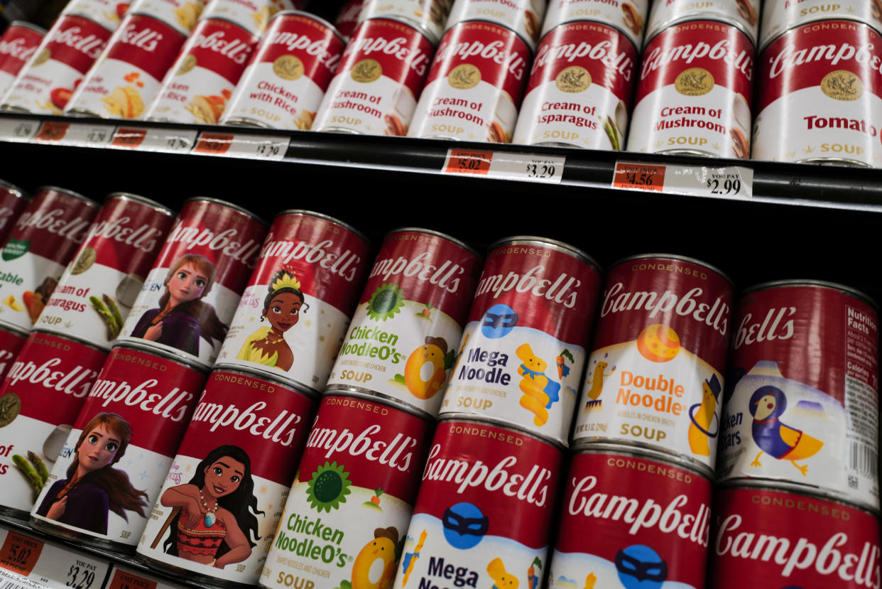NEW YORK, NEW YORK - AUGUST 07: Cans of Campbell soup are displayed along a grocery store's shelves on August 07, 2023 in New York City. U.S. packaged food maker Campbell Soup has announced that it will be buying Michael Angelo's and Rao's owner Sovos Brands (SOVO.O) for $2.33 billion in cash. This would be Campbell's largest acquisition since it paid $4.87 billion to buy pretzel leader Snyder's-Lance in 2018. (Photo by Spencer Platt/Getty Images)