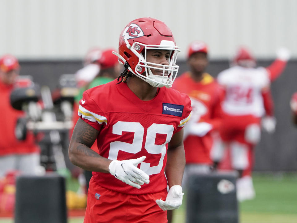 May 26, 2022; Kansas City, MO, USA; Kansas City Chiefs wide receiver Jerriion Ealy (29) runs drills during organized team activities at The University of Kansas Health System Training Complex. Mandatory Credit: Denny Medley-USA TODAY Sports