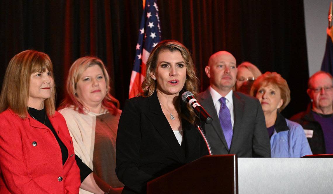Amanda Adkins, the Republican candidate for Kansas 3rd District Rep., gives her concession speech Tuesday night at the Marriott in Overland Park, where she held a watch party. Surrounded on stage by her family, Adkins thanked her staff and supporters. She was beaten by Democrat Sharice Davids.