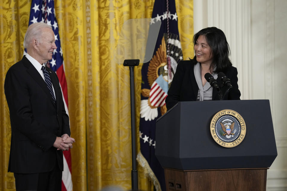 Julie Su, nominated by President Joe Biden, left, to serve as the Secretary of Labor, speaks during an event in the East Room of the White House in Washington, Wednesday, March 1, 2023. (AP Photo/Susan Walsh)