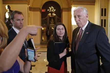 Steny Hoyer (D-MD) (R) talks to reporters after a failed afternoon vote on a measure to fund the Department of Homeland Security at the Capitol in Washington, February 27, 2015. REUTERS/Jonathan Ernst