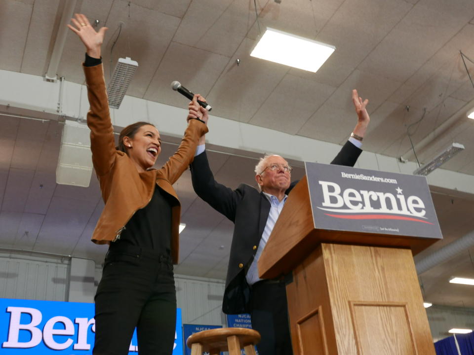 Democratic presidential candidate Sen. Bernie Sanders, I-Vt., and Rep. Alexandria Ocasio-Cortez, D-N.Y., greet supporters on the campus of Iowa Western Community College in Council Bluffs, Iowa, Nov. 8, 2019.  (Photo: Hunter Walker/Yahoo News)