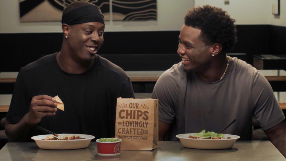 Jaguars running back Travis Etienne (left) and his brother, University of Florida running back Trevor Etienne, were brought together for a day in Jacksonville to film a commercial for Chipotle.